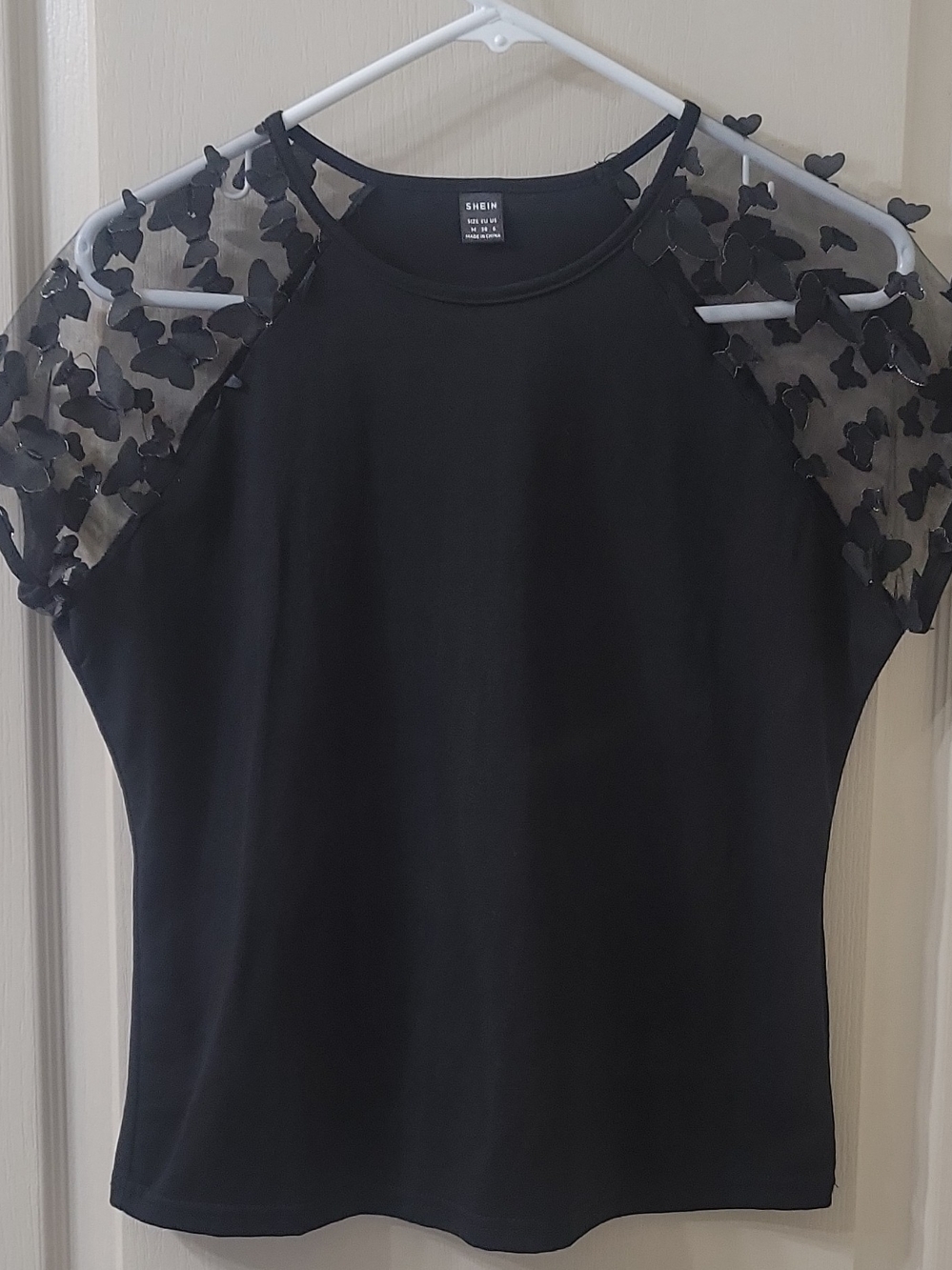 SHEIN Black Short Sleeve Top with Butterfly Mesh Sleeves